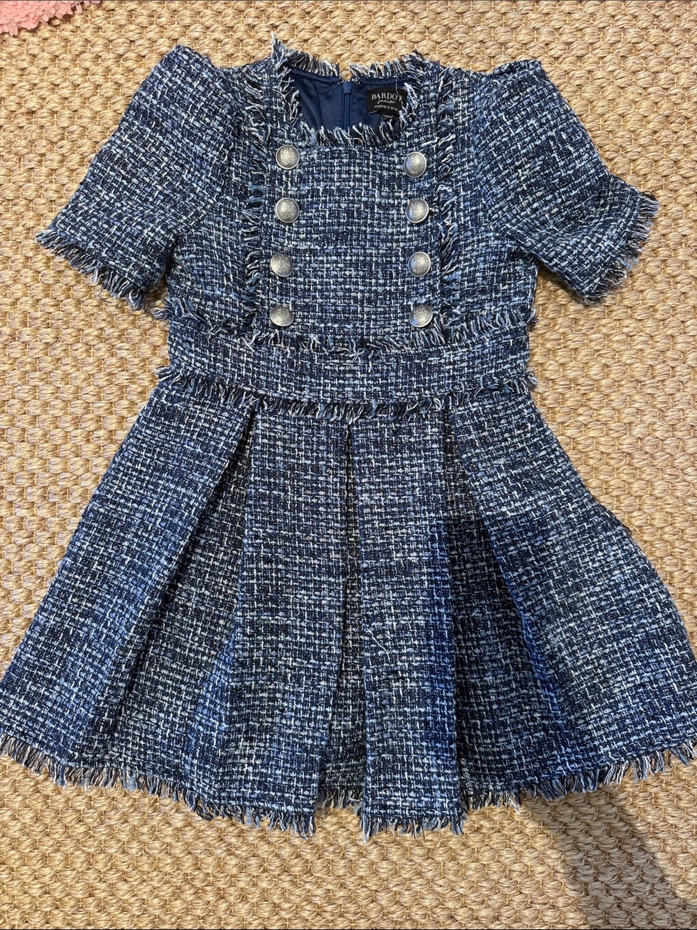 Bardot Navy and White Tweed Double-Breasted Pleated Dress